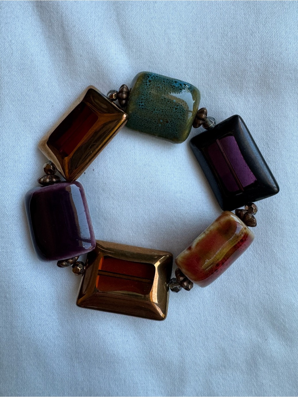 Chunky Geometric Bead Stretch Bracelet Earth Tones Boho Chic